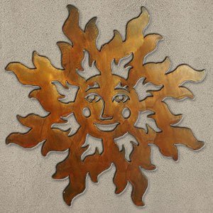 165223 - 24-inch large Smiling Sun Face 3D Metal Wall Art in a rich rust finish