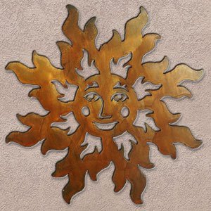 165224 - 30-inch extra large Smiling Sun Face 3D Metal Wall Art in a rich rust finish