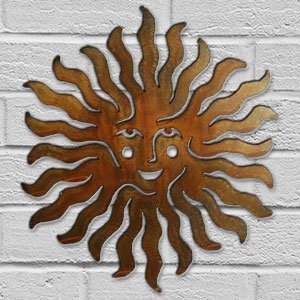 165231 - 12-inch small Sprite Sun Face 3D Metal Wall Art in a rich rust finish