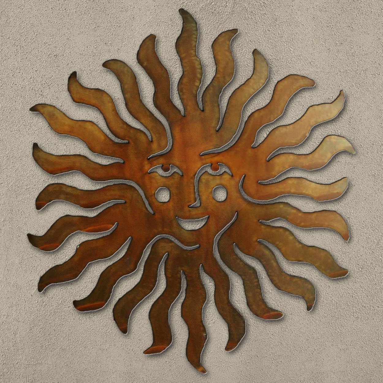 165233 - 24in Spritely Sun Face 3D Southwest Metal Wall Art in Rust Finish