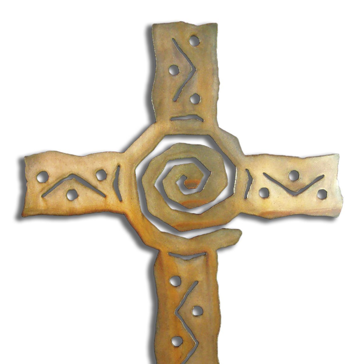 165241 - 12-inch small Spiral Cross 3D Metal Wall Art in a rich rust finish