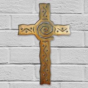 165241 - 12-inch small Spiral Cross 3D Metal Wall Art in a rich rust finish
