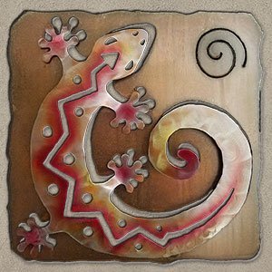 165323 - 27-inch large C-Shaped Gecko Panel 3D Metal Wall Art in a vibrant sunset swirl finish