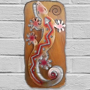 165331 - 13-inch small S-Shaped Gecko Panel 3D Metal Wall Art in a vibrant sunset swirl finish