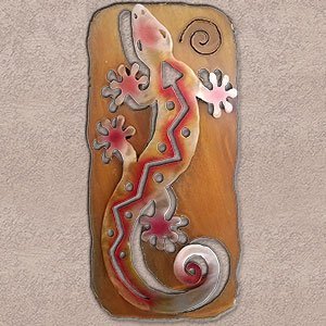 165334 - 34-inch extra large S-Shaped Gecko Panel 3D Metal Wall Art in a vibrant sunset swirl finish