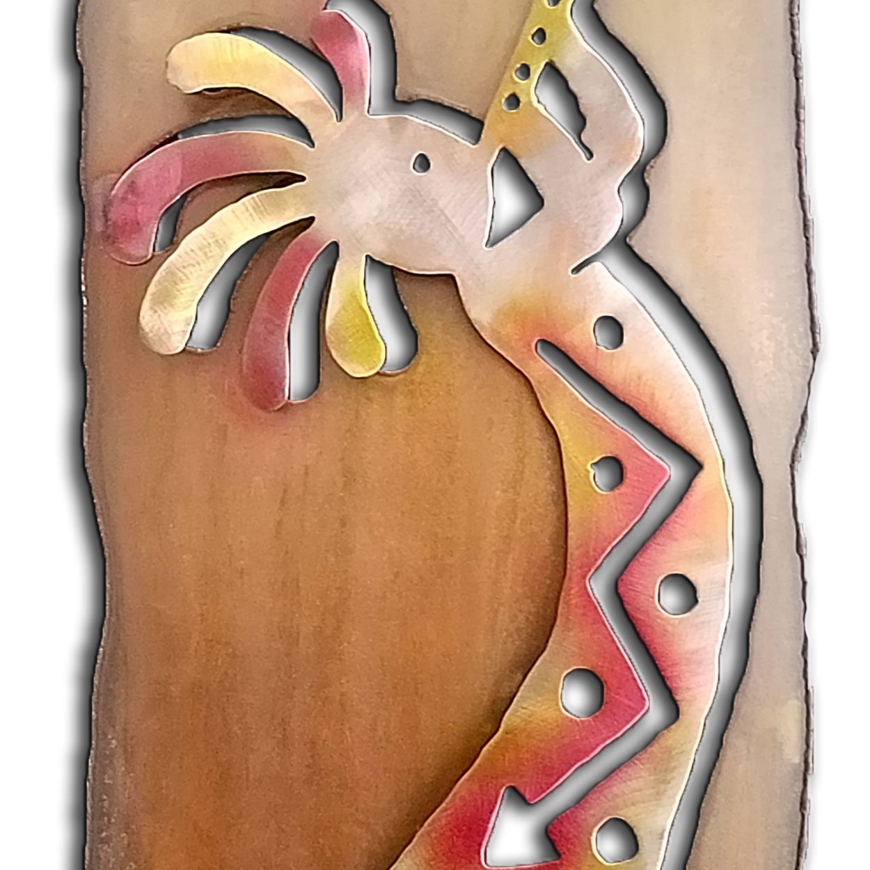 165351 - 13-inch small Kokopelli Trumpeter Facing Right Panel 3D Metal Wall Art in a vibrant sunset swirl finish