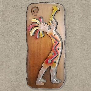 165353 - 27-inch large Kokopelli Trumpeter Facing Right Panel 3D Metal Wall Art in a vibrant sunset swirl finish