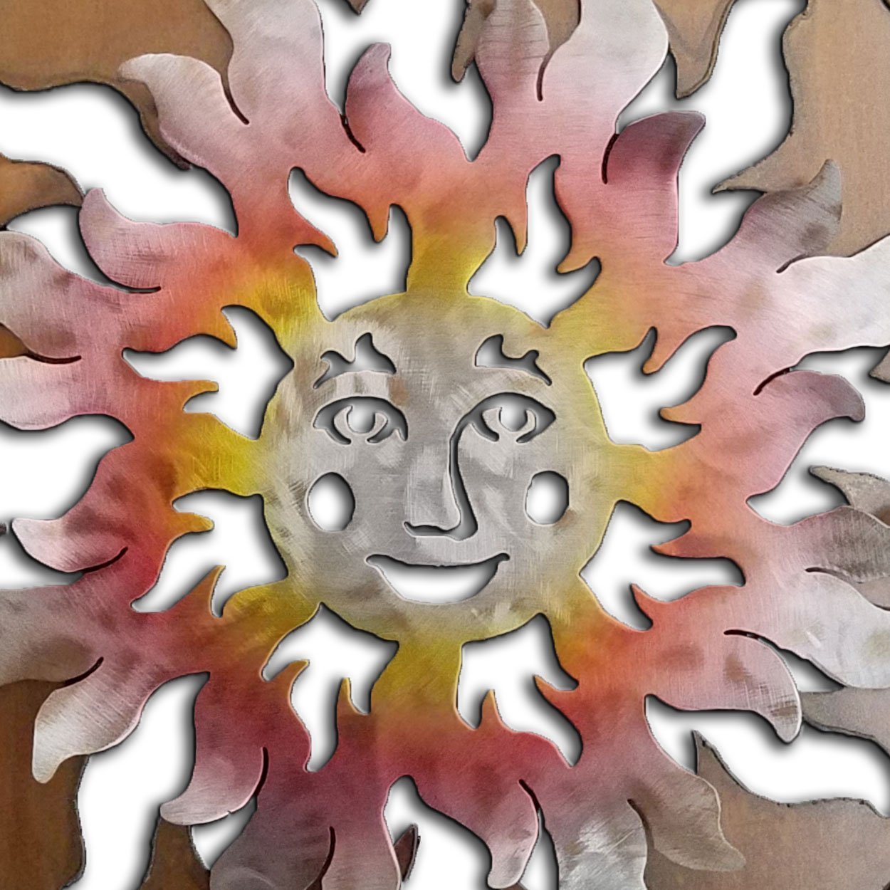 165371 - 13-inch small Happy Face Sun Panel 3D Metal Wall Art in a vibrant sunset swirl finish