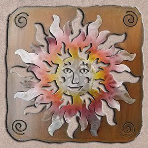 165374 - 34-inch extra large Happy Face Sun Panel 3D Metal Wall Art in a vibrant sunset swirl finish