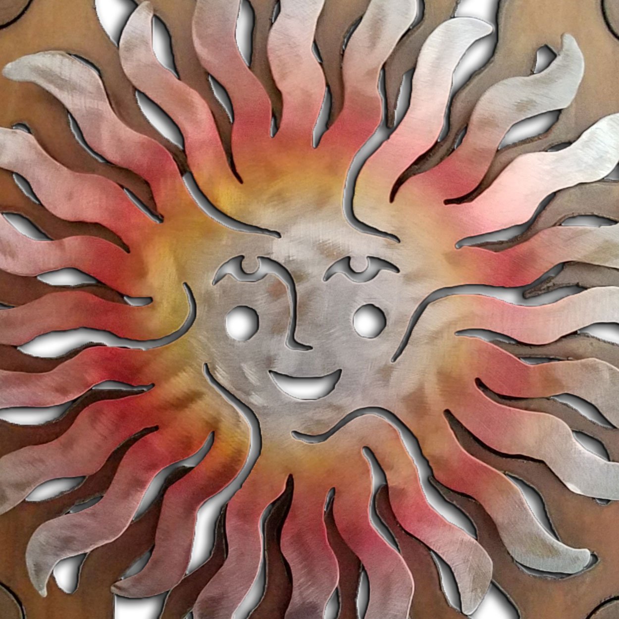 165384 - 34-inch extra large Sprite Sun Face Panel 3D Metal Wall Art in a vibrant sunset swirl finish