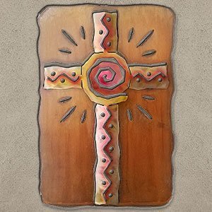165393 - 27-inch large Spiral Cross Panel 3D Metal Wall Art in a vibrant sunset swirl finish