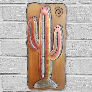 165401 - 13-inch small Saguaro Cactus Panel 3D Metal Wall Art in a vibrant sunset swirl finish