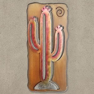 165403 - 27-inch large Saguaro Cactus Panel 3D Metal Wall Art in a vibrant sunset swirl finish