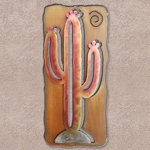 165404 - 34-inch extra large Saguaro Cactus Panel 3D Metal Wall Art in a vibrant sunset swirl finish