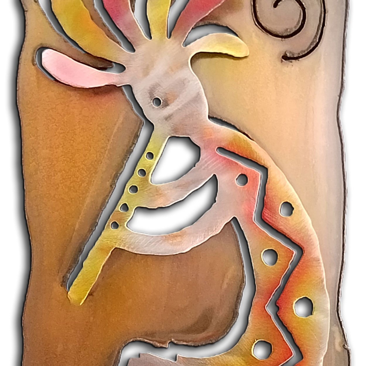 165424 - 34-inch extra large Kokopelli Facing Left Panel 3D Metal Wall Art in a vibrant sunset swirl finish