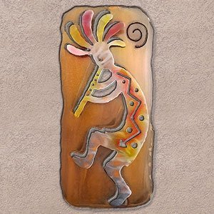 165424 - 34-inch extra large Kokopelli Facing Left Panel 3D Metal Wall Art in a vibrant sunset swirl finish