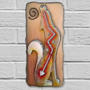 165431 - 13-inch small Howling Coyote Facing Right Panel 3D Metal Wall Art in a vibrant sunset swirl finish