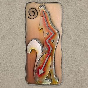165433 - 27-inch large Howling Coyote Facing Right Panel 3D Metal Wall Art in a vibrant sunset swirl finish