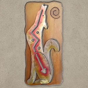 165443 - 27-inch large Howling Coyote Facing Left Panel 3D Metal Wall Art in a vibrant sunset swirl finish