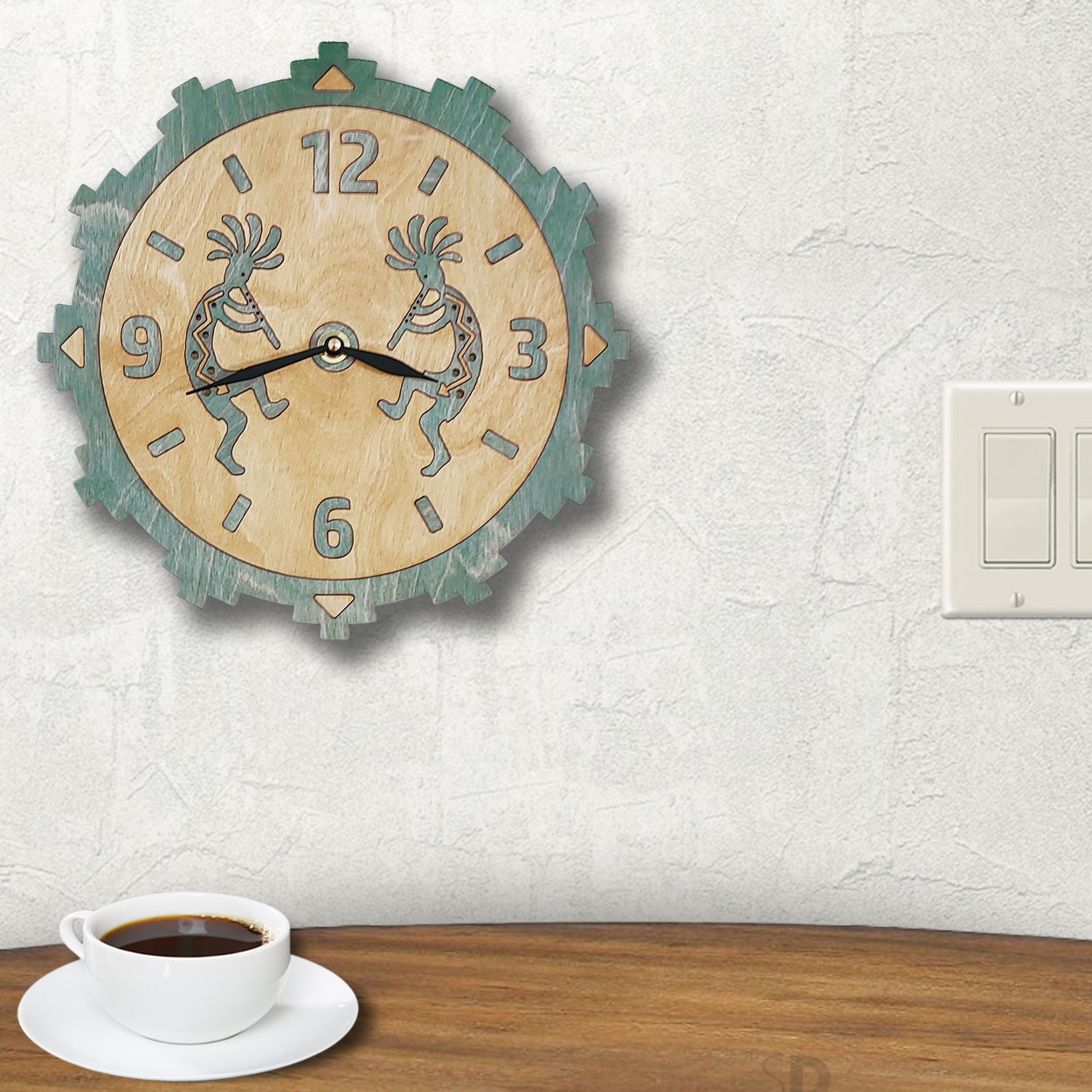 165740 - Kokopellis Sonoran Green Wood Inlay Clock