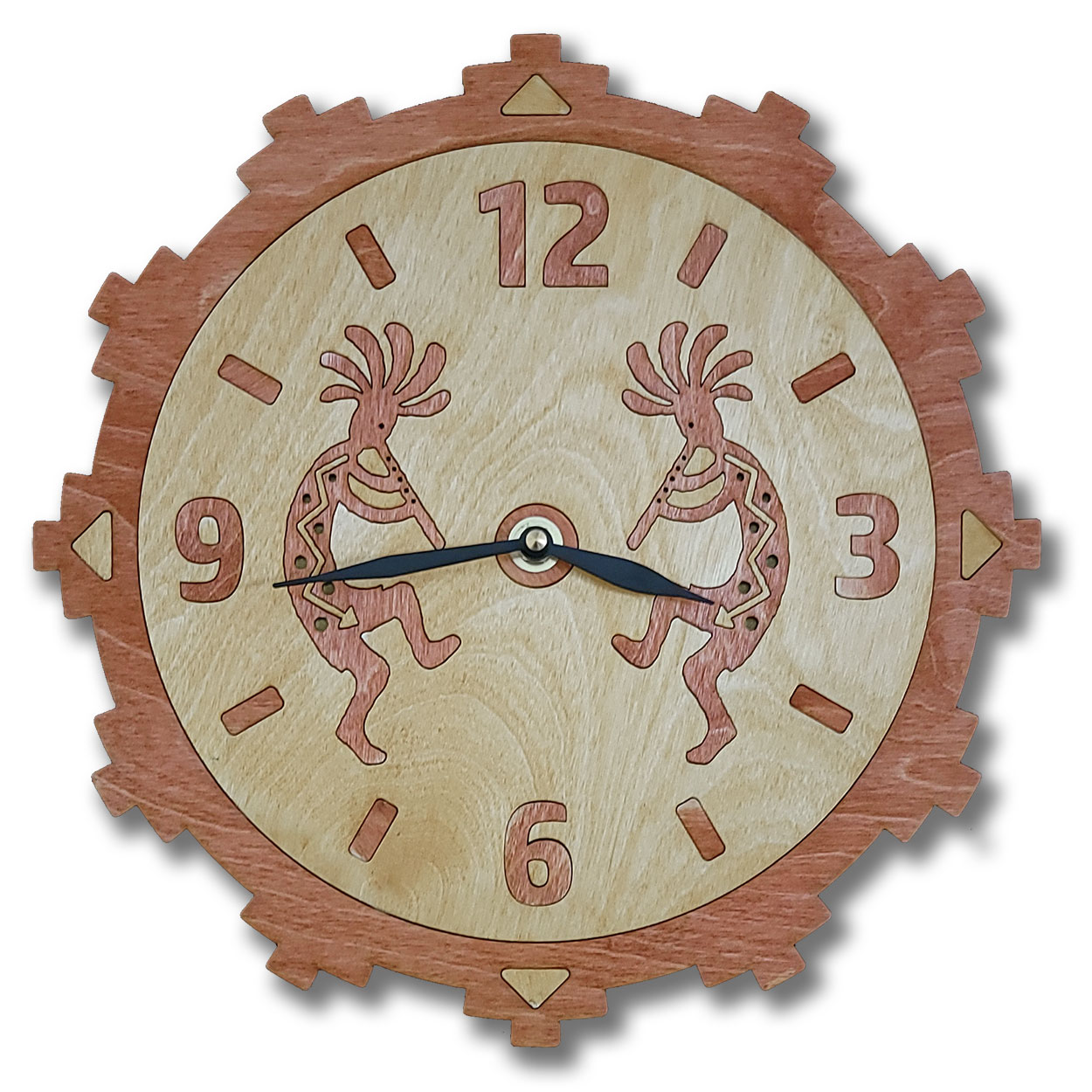 165741 - 11.5in Kokopellis Cinnamon Wood Inlay Wall Clock