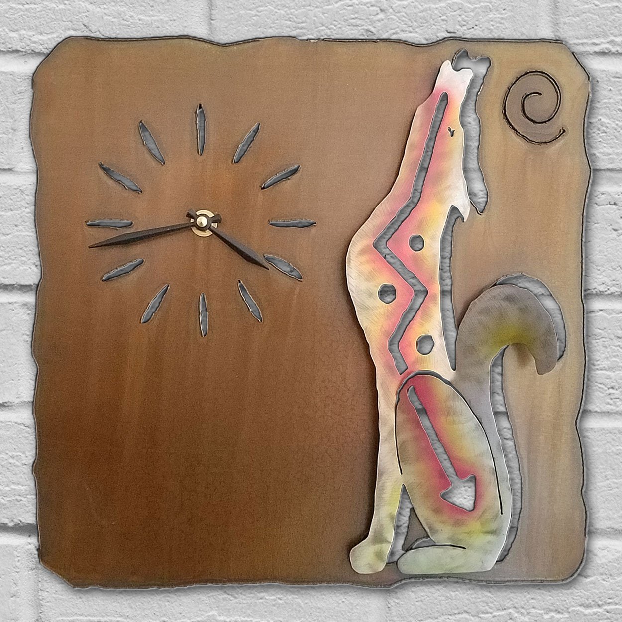 165751 - 13in Southwest Decor Howling Coyote Metal Wall Clock in Sunset Finish