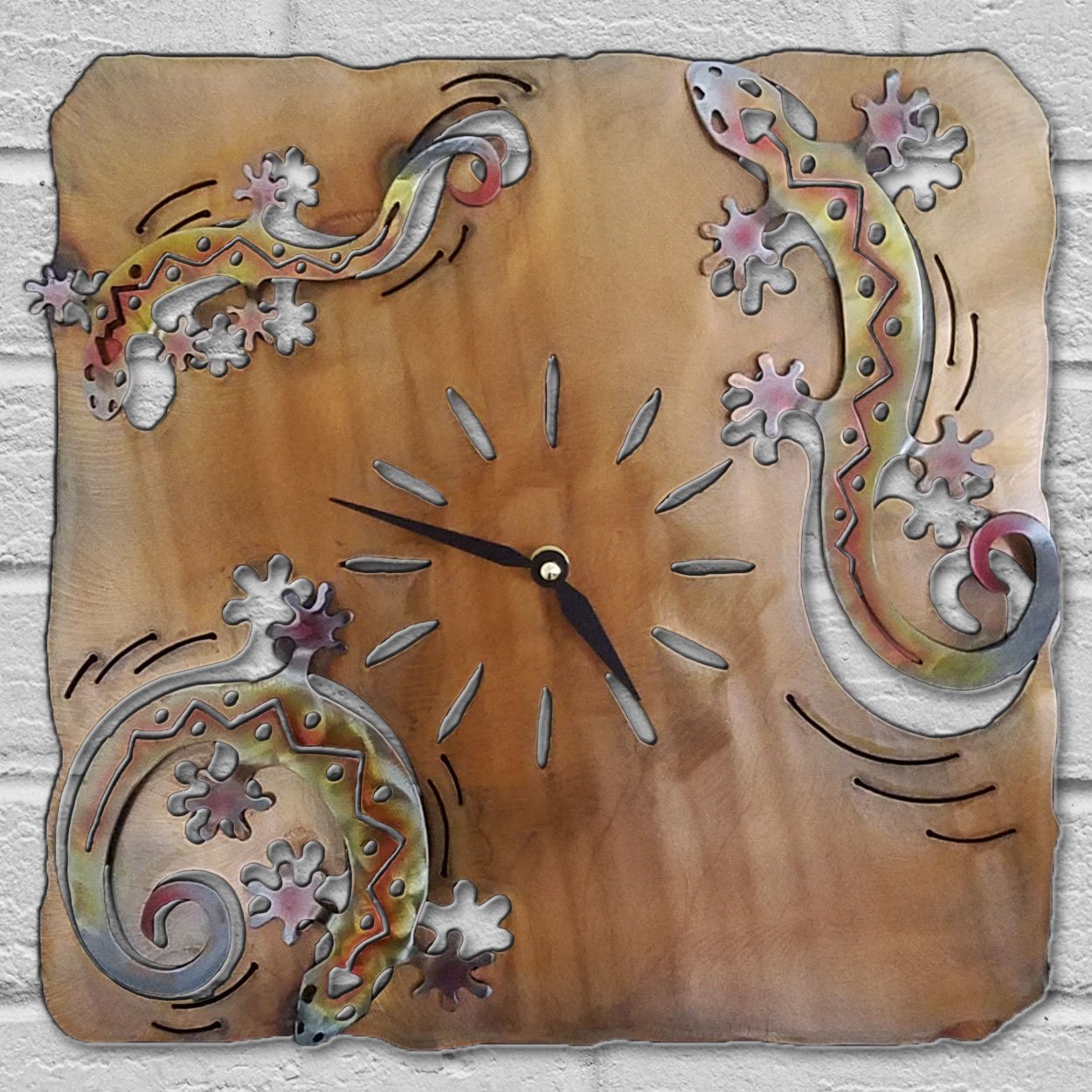 165752 - 13in Southwest Decor Lizards Metal Wall Clock in Sunset Finish