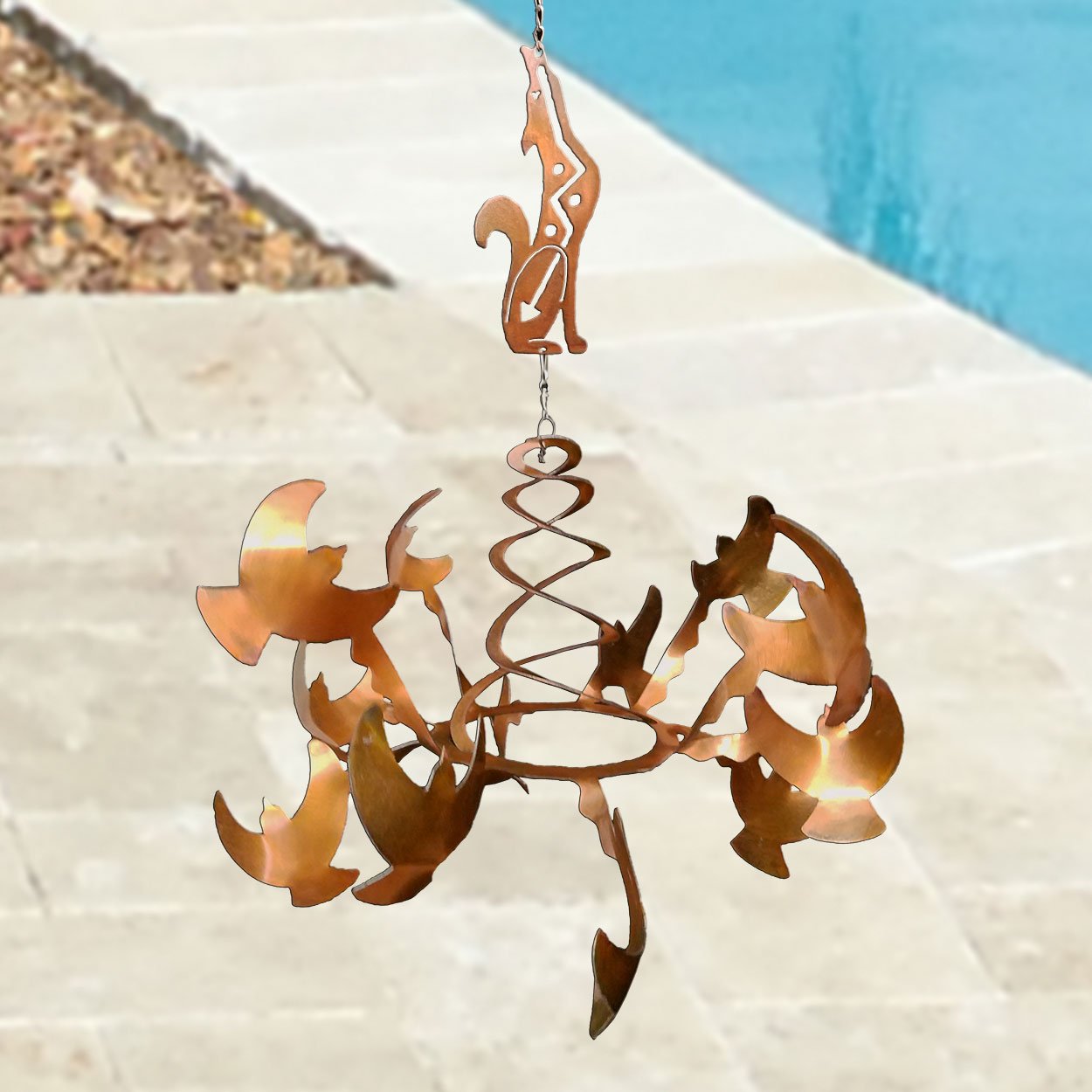 165809 - WS09RT19 16in Southwest Coyote and Birds Rustic Metal Hanging Wind Sculpture