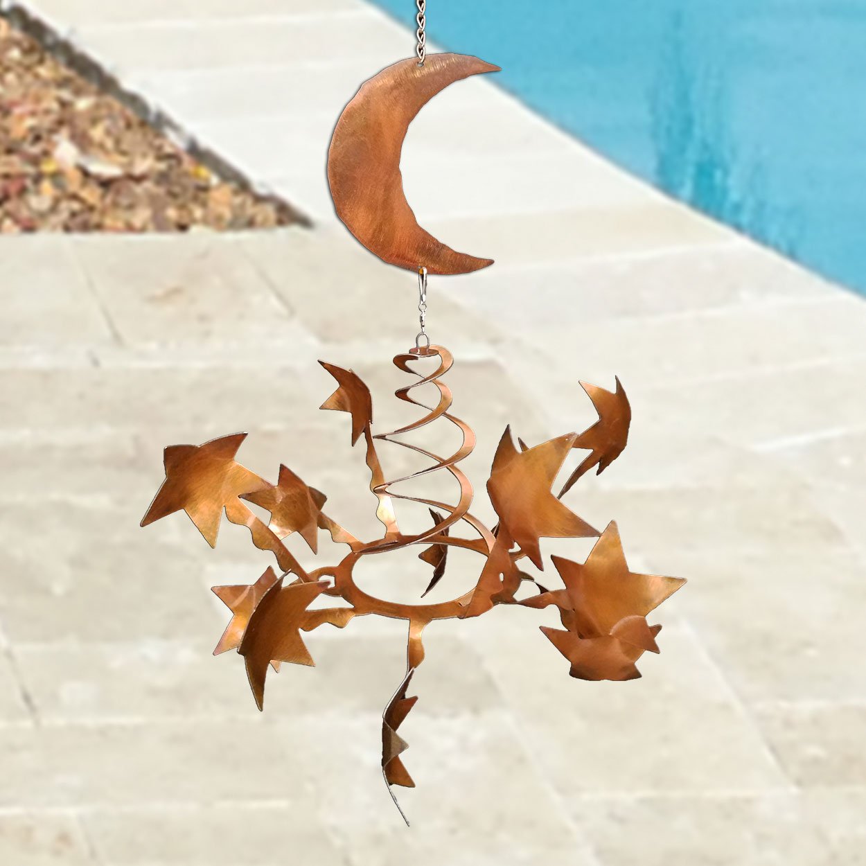 165817 - WS05RT19 16in Moon and Stars Rustic Metal Hanging Wind Sculpture