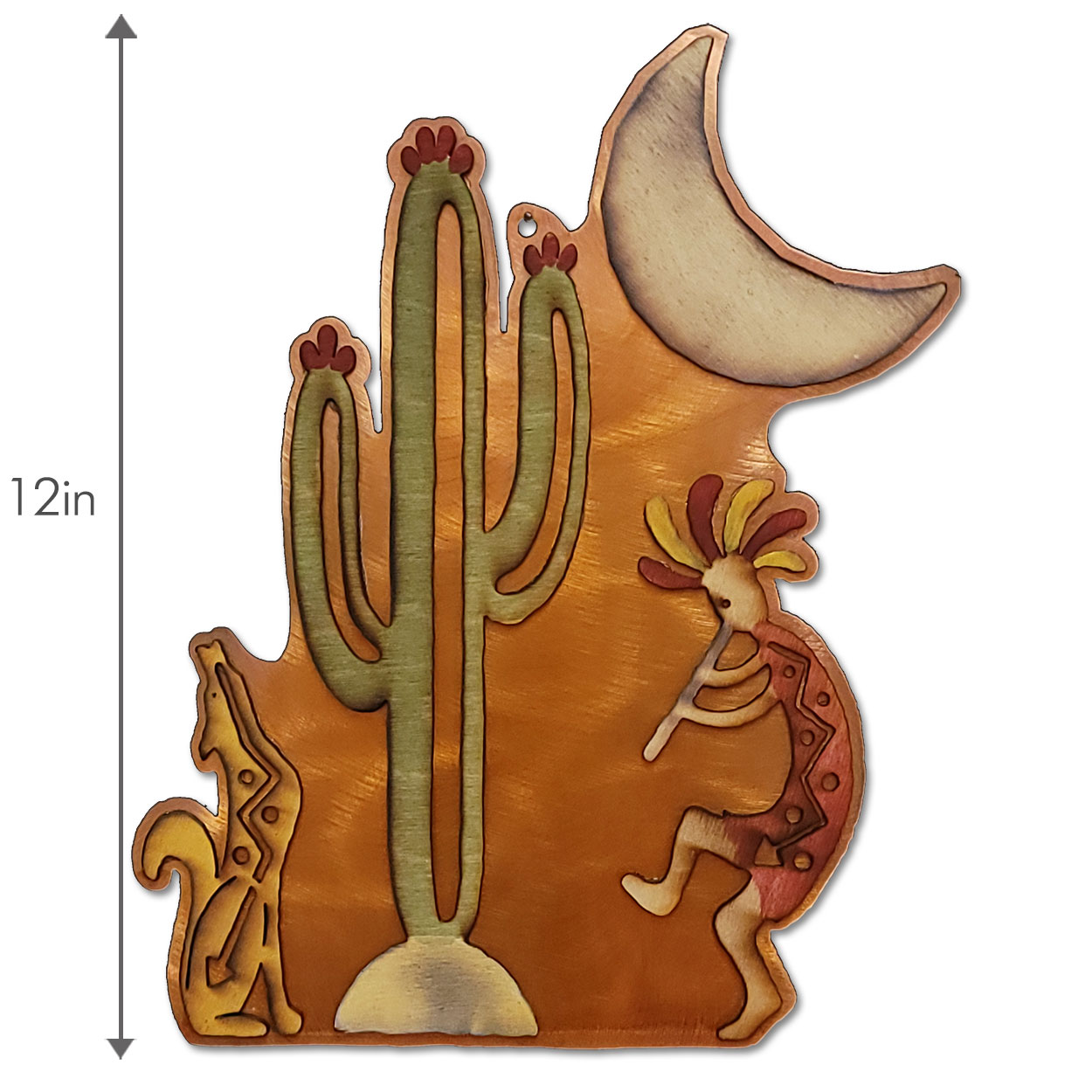 166102 - 12in Kokopelli Coyote Cactus Vignettes Wood on Metal Wall Art