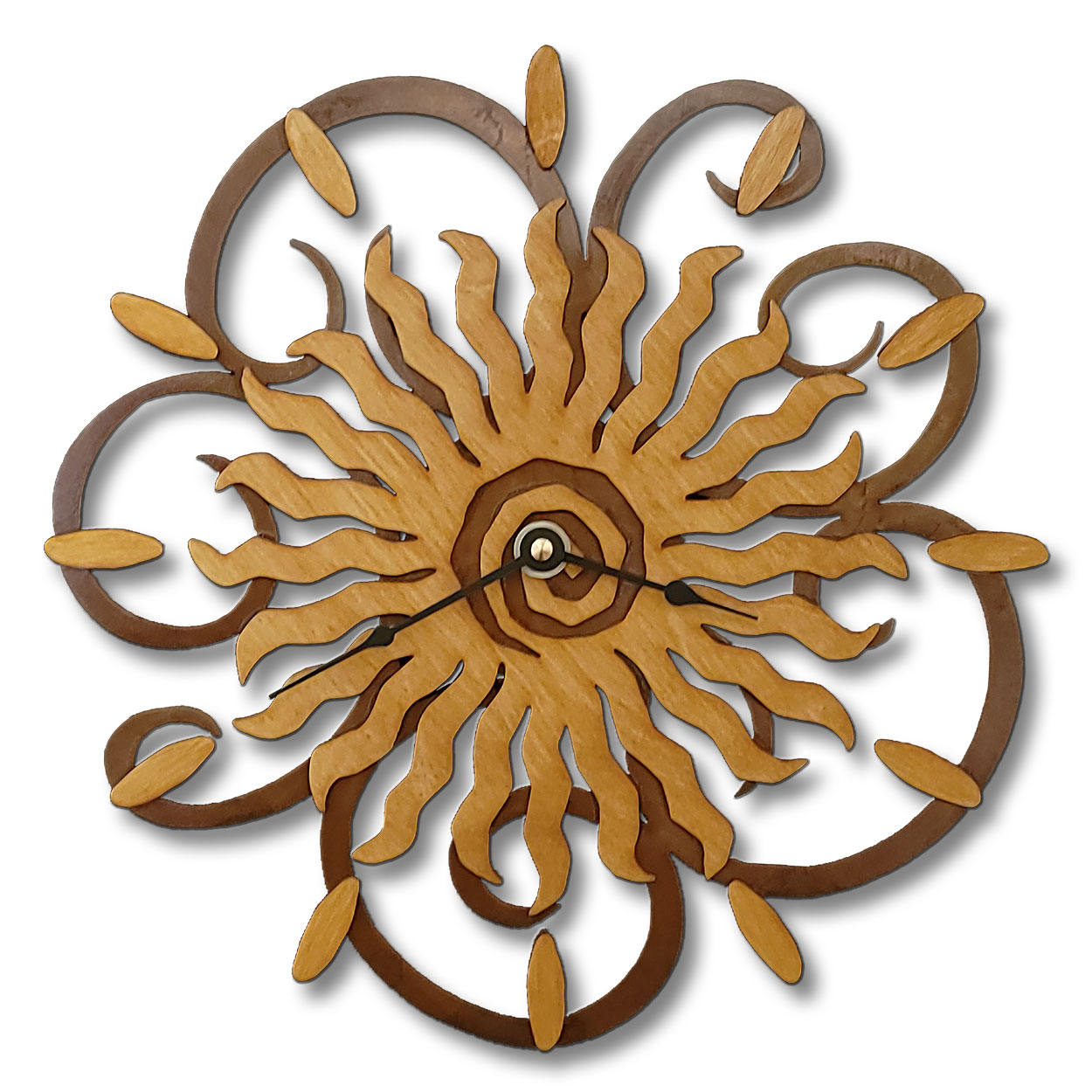 16642 - 24-Ray Sun Gold on Rust Wood and Metal Wall Clock - Choose 11.5 or 17.5in