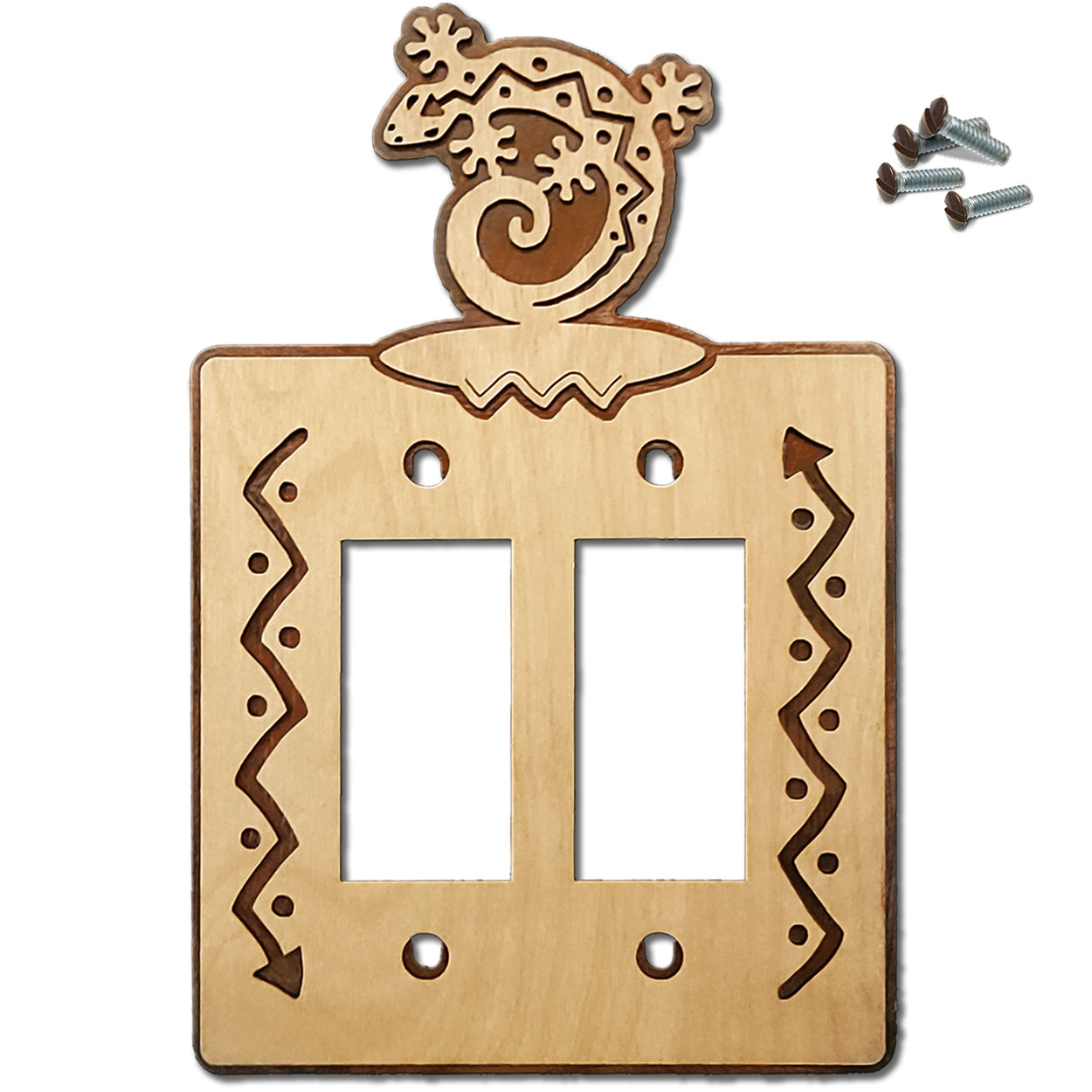167912R -  Curled Gecko Southwestern Decor Double Rocker Switch Plate in Natural Birch