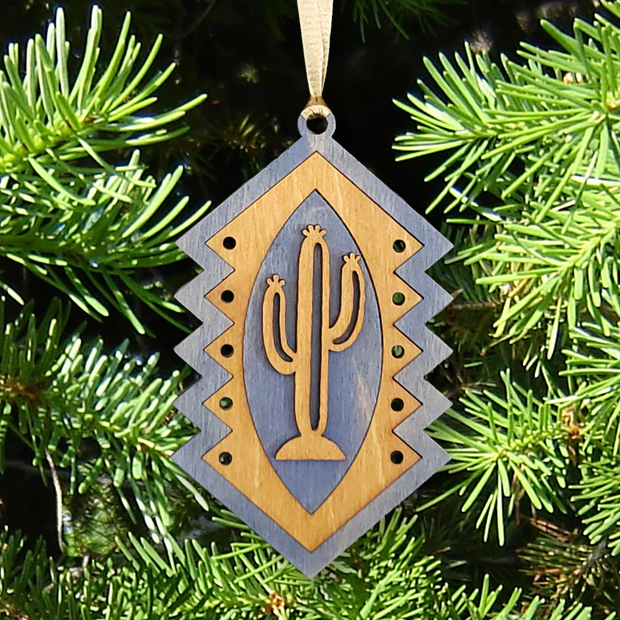168602 - 4.5in Saguaro Cactus Blue and Gold Birchwood Ornament
