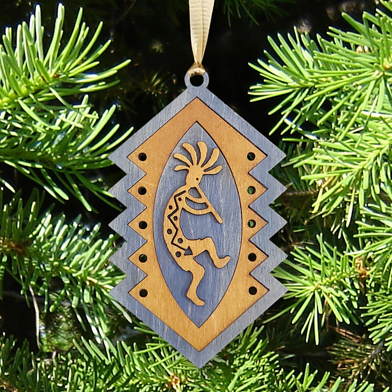 168605 - 4.5in Kokopelli Blue and Gold Birchwood Ornament
