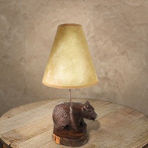 172012 - Bear with Fish Carved Ironwood Vanity Lamp with Shade
