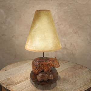 172022 - Bear with Cub Carved Ironwood Vanity Lamp with Shade