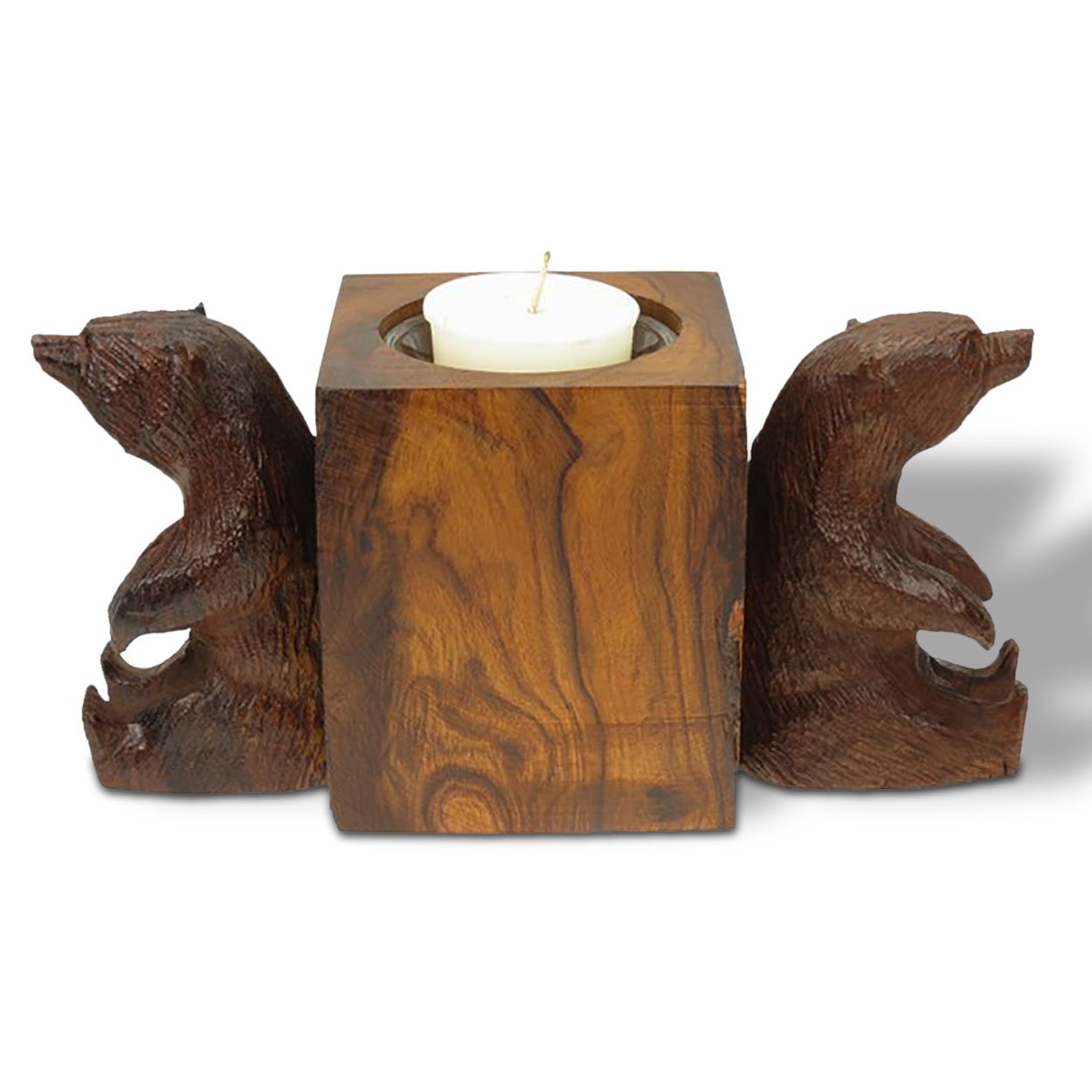 172026 - Bears Sitting Carved Ironwood Candle Holder