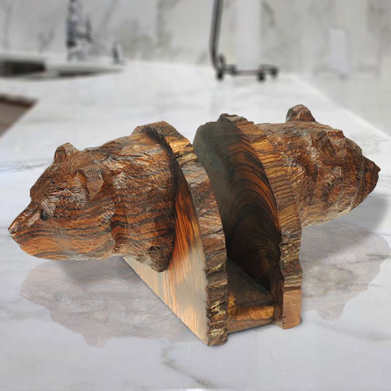 172043 - Bear Head Carved Ironwood Napkin Holder