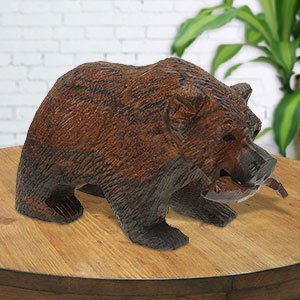 172113 - 12in Long Grizzly Bear with Fish Ironwood Carving