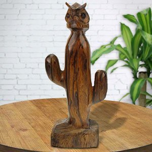 172189 - 11in Tall Cactus with Owl Ironwood Carving