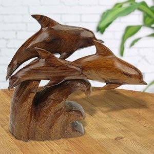 172233 - 8in Long Dolphin Family Hand-Carved in Ironwood
