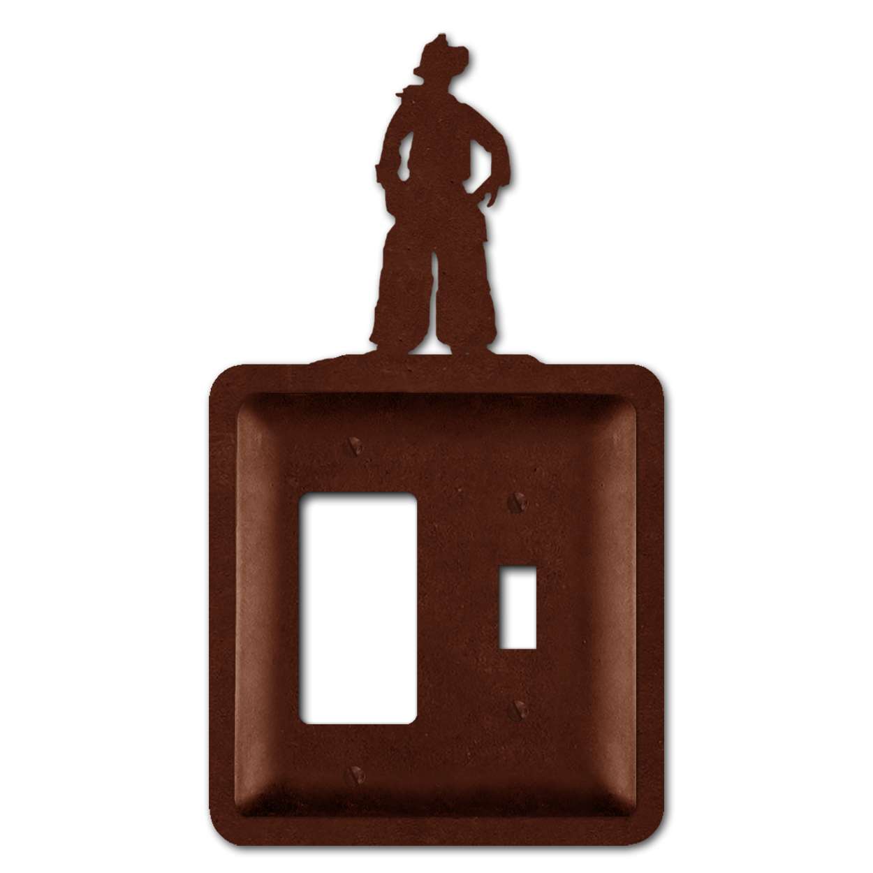 182090RT - Rust Brown 2-Part Metal Wall Plate - Cowboy - GFI with Standard Swtch
