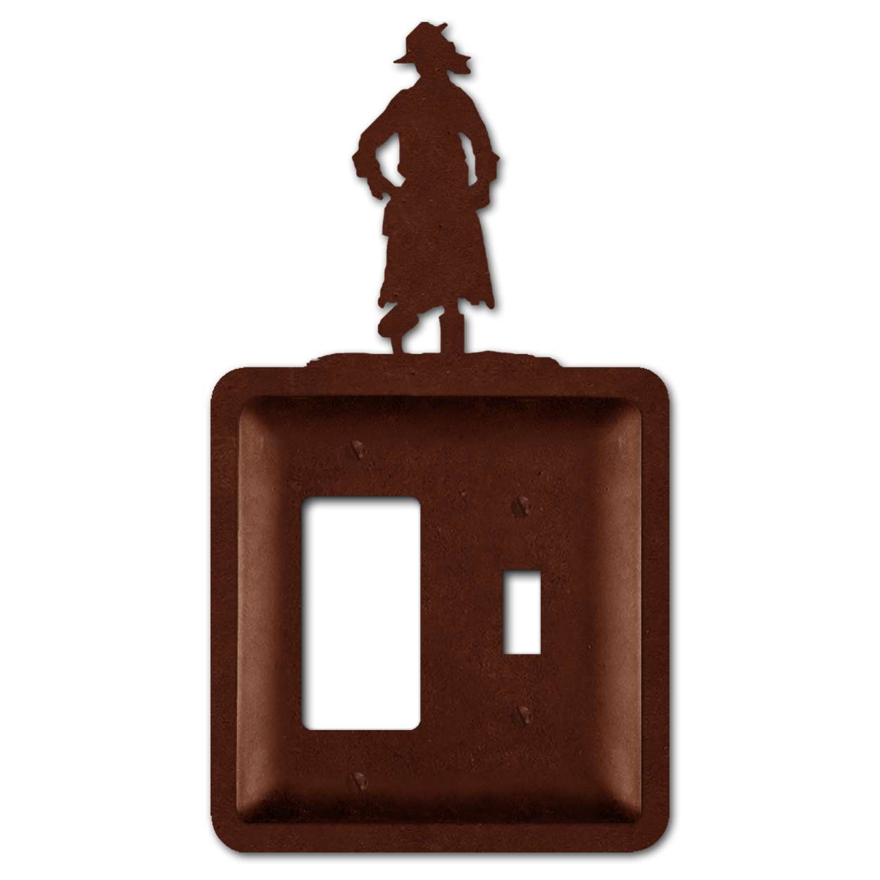 182097RT - Rust Brown 2-Part Metal Wall Plate - Cowgirl - GFI with Standard Swtch