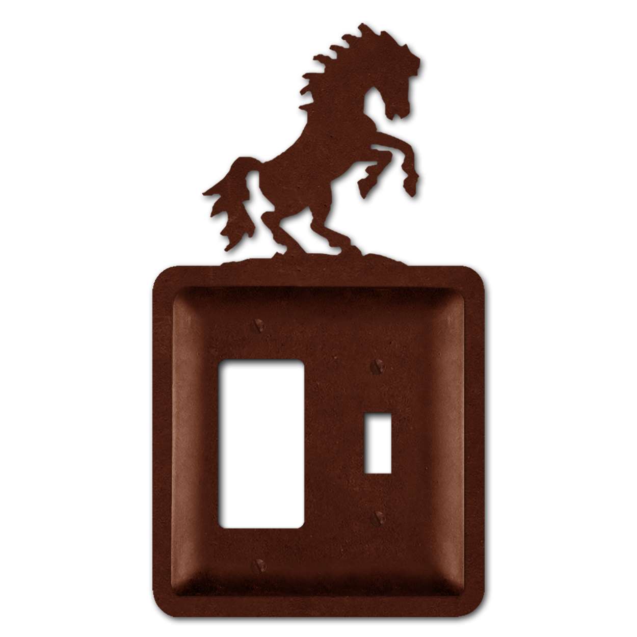 182138RT - Rust Brown 2-Part Metal Wall Plate - Rearing Horse - GFI with Standard Swtch