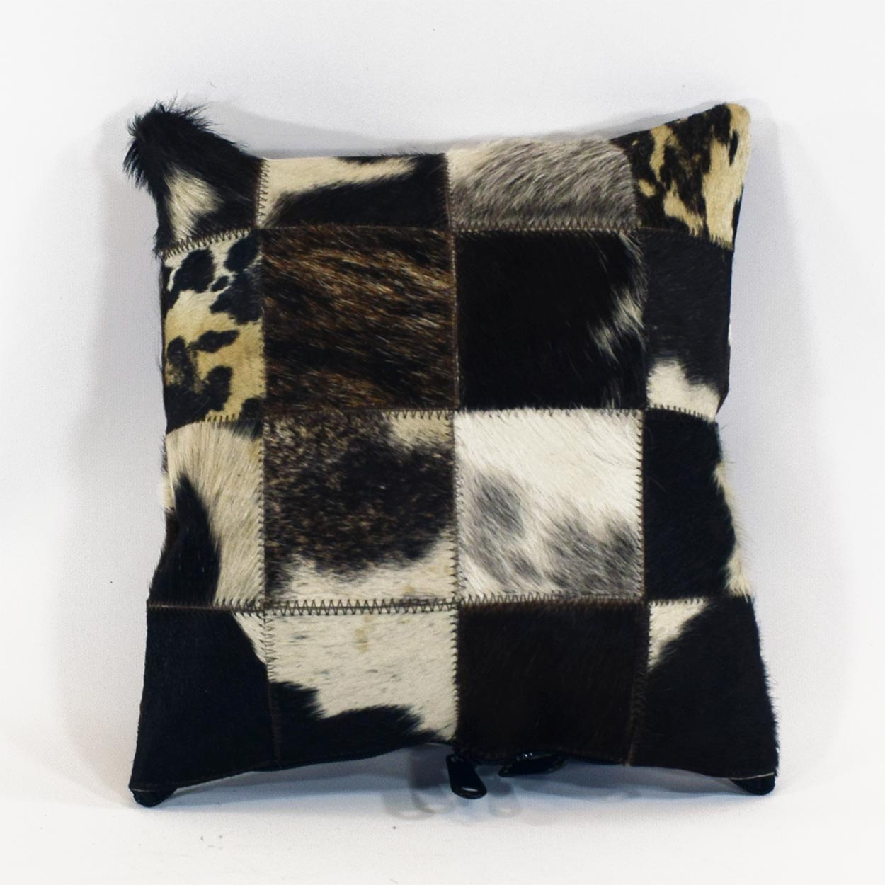 322026-1 - 12in x 12in Cowhide Pillow - Patchwork - Tri-color Spotted