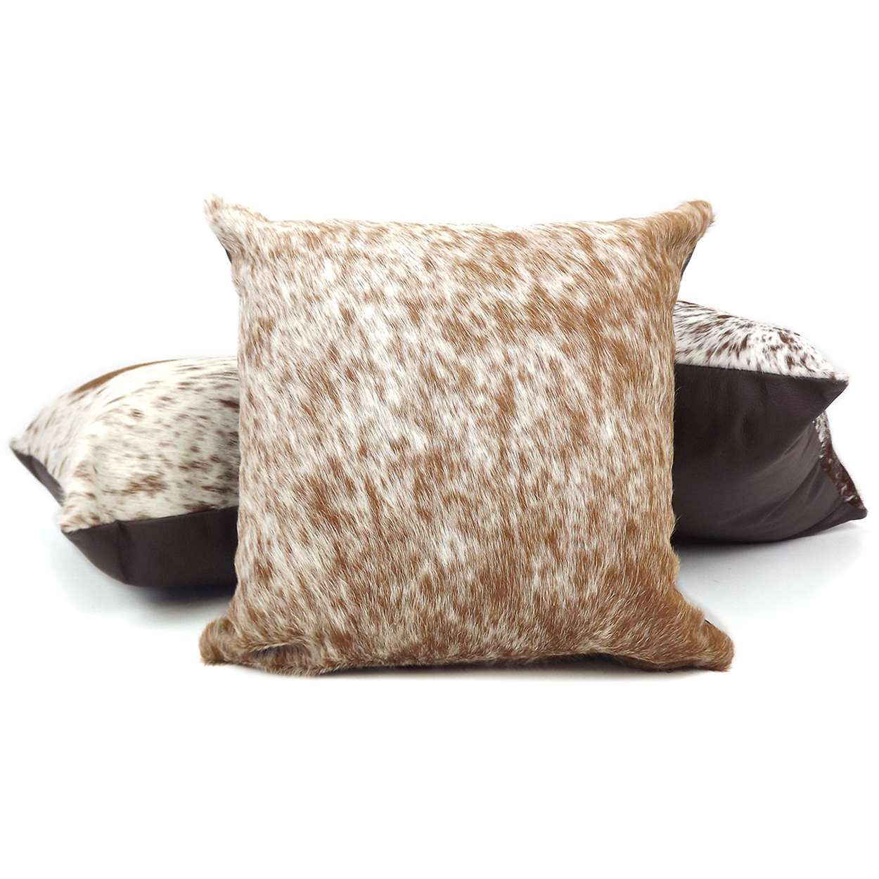 15in Overstuffed Cowhide Pillow - Salt and Pepper Brown - Leather Back