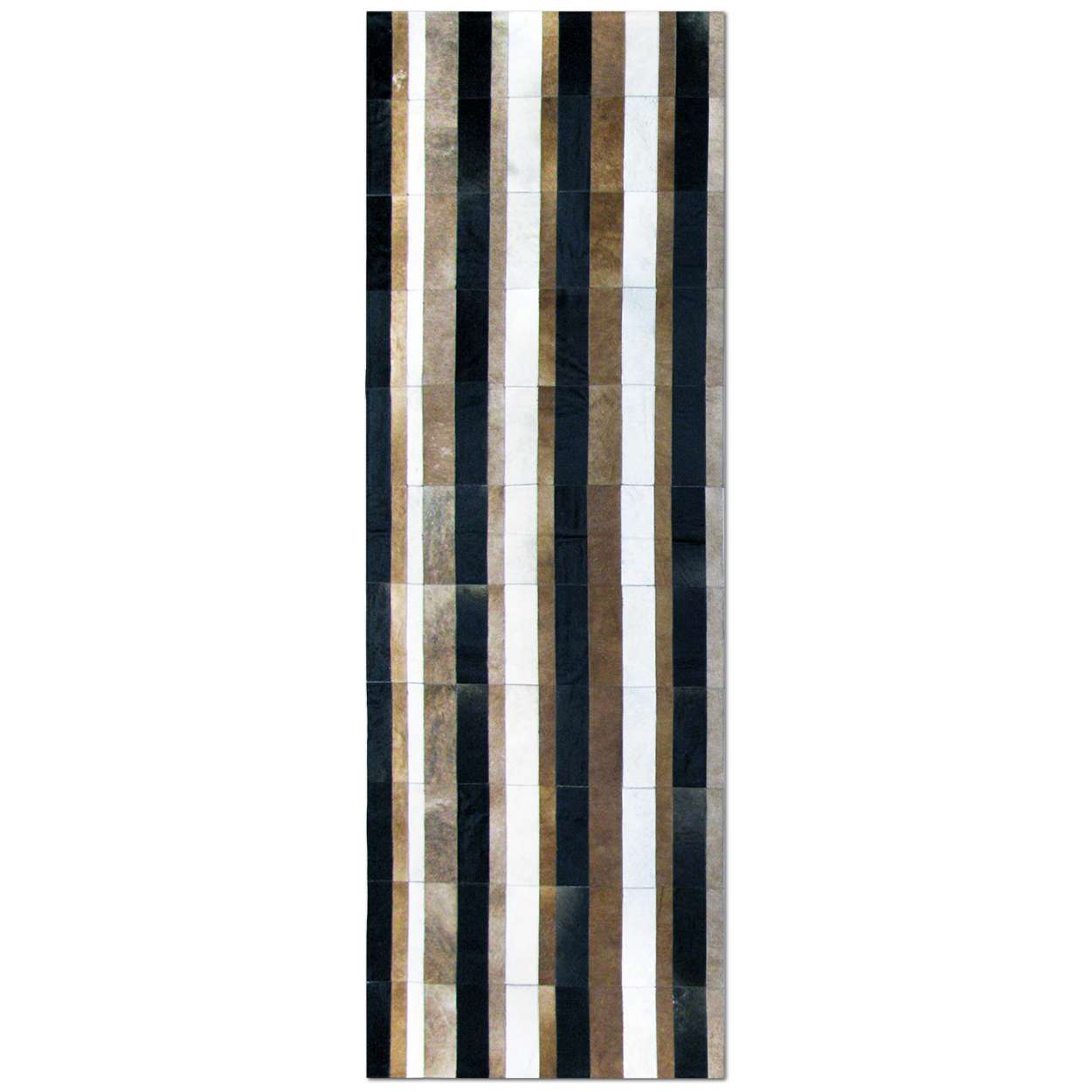Custom Cowhide Patchwork Runner - Vertical Stripes Black, Brown, and Gray