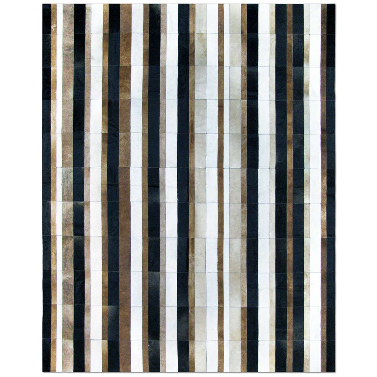 Custom Cowhide Patchwork Rug - Vertical Stripes Black, Brown, and Gray