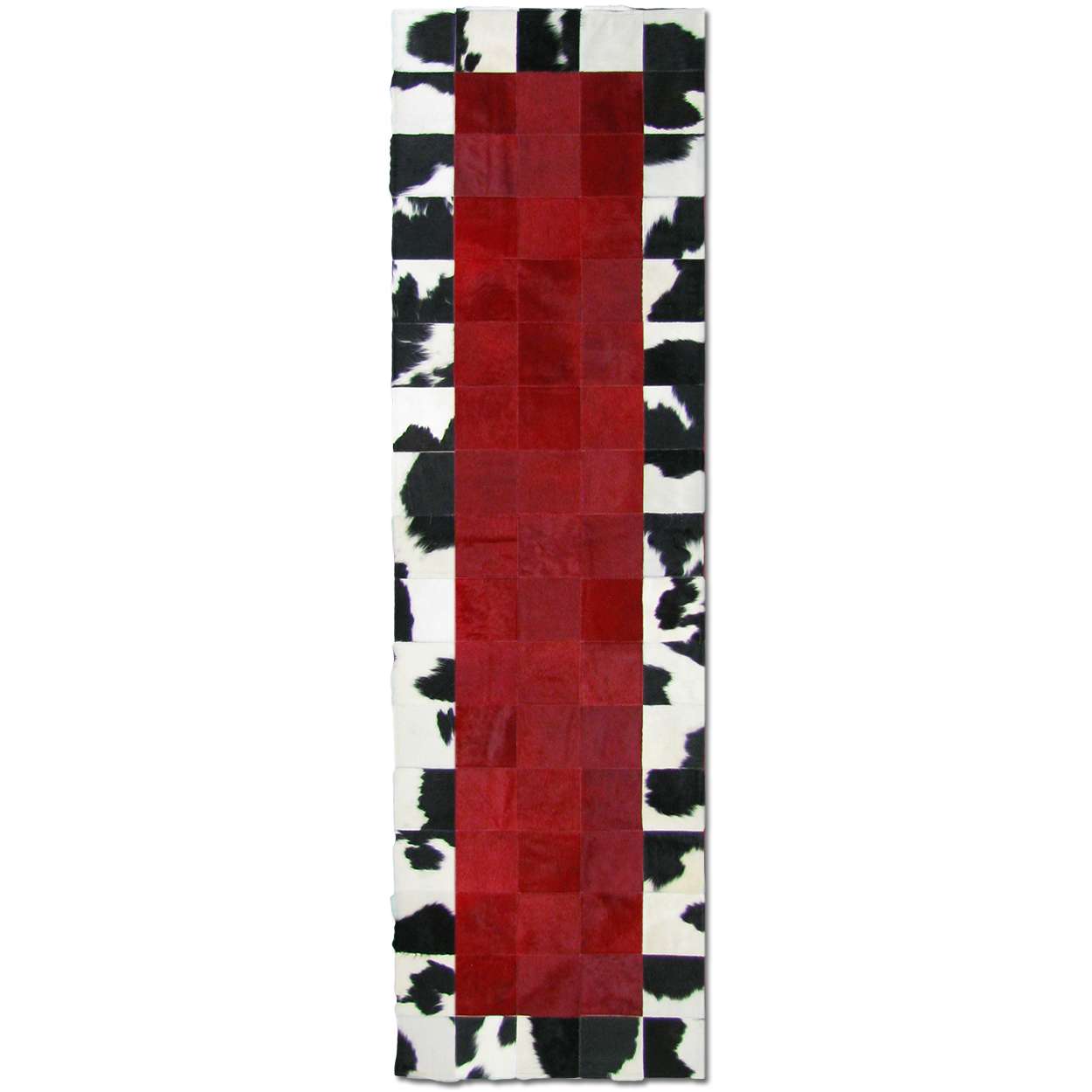Custom Cowhide Patchwork Runner - 6in Squares - Solid Color Framed in Black and White