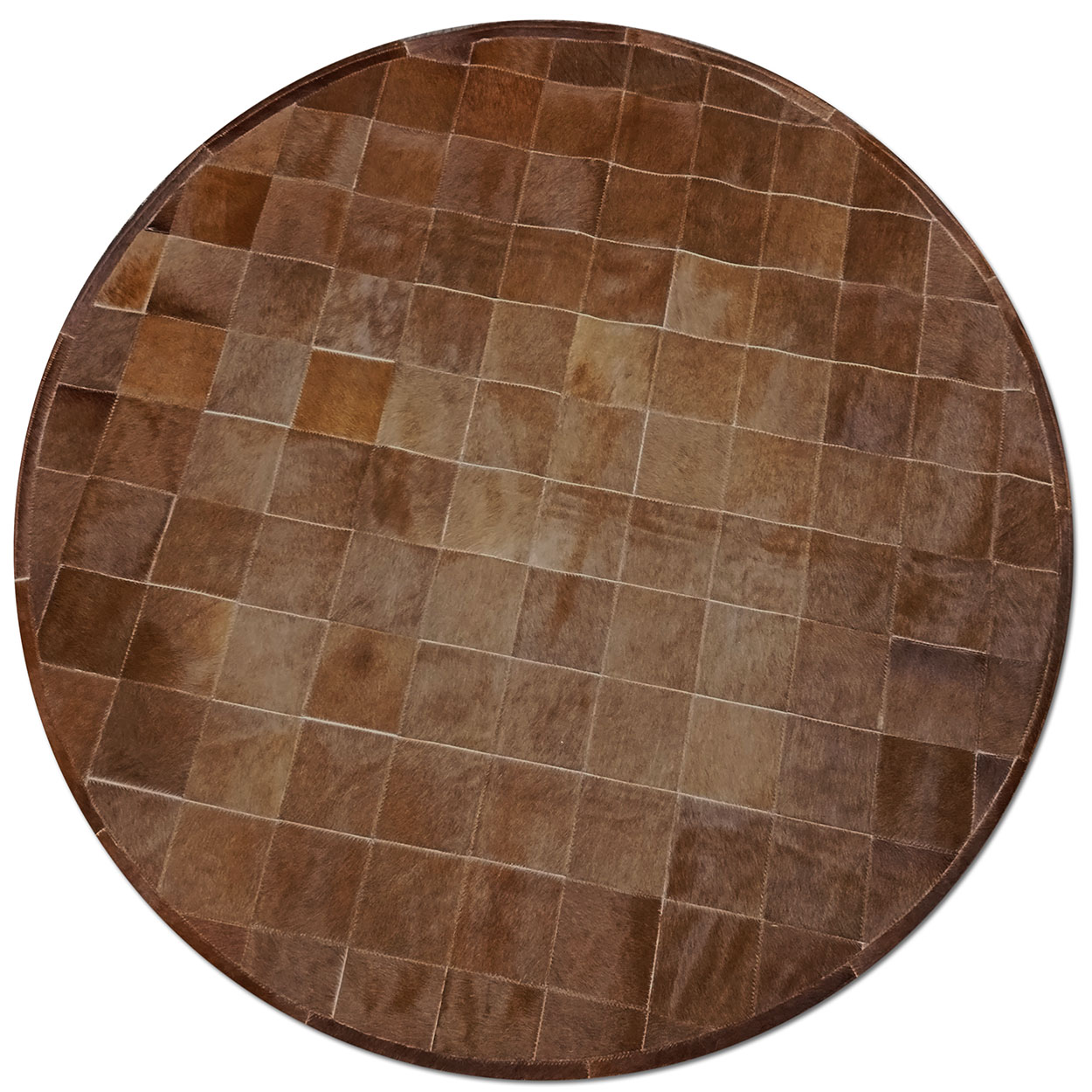 68in (5ft 8in) Diameter Round Designer-Quality Cowhide Patchwork Rug - 6in Squares in Solid Medium Brown -stk